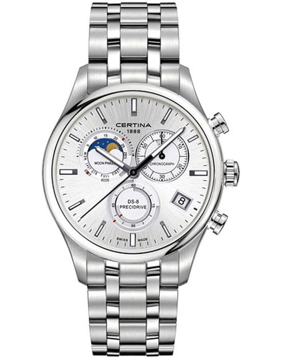 Certina Certina DS-8 Chronograph Moon Phase C033.450.11.031.00 DS 8 C0334501103100 кварцевые мужские часы серебристый циферблат, браслет нержавеющая сталь — вид спереди